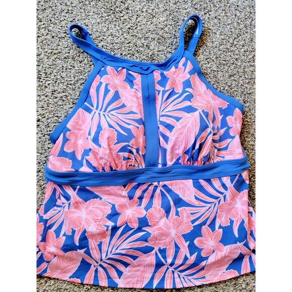 Swim Top Floral 18 DDD Halter Tankini Blue Coral Padded Bra Lands End XL S488 - Picture 2 of 8